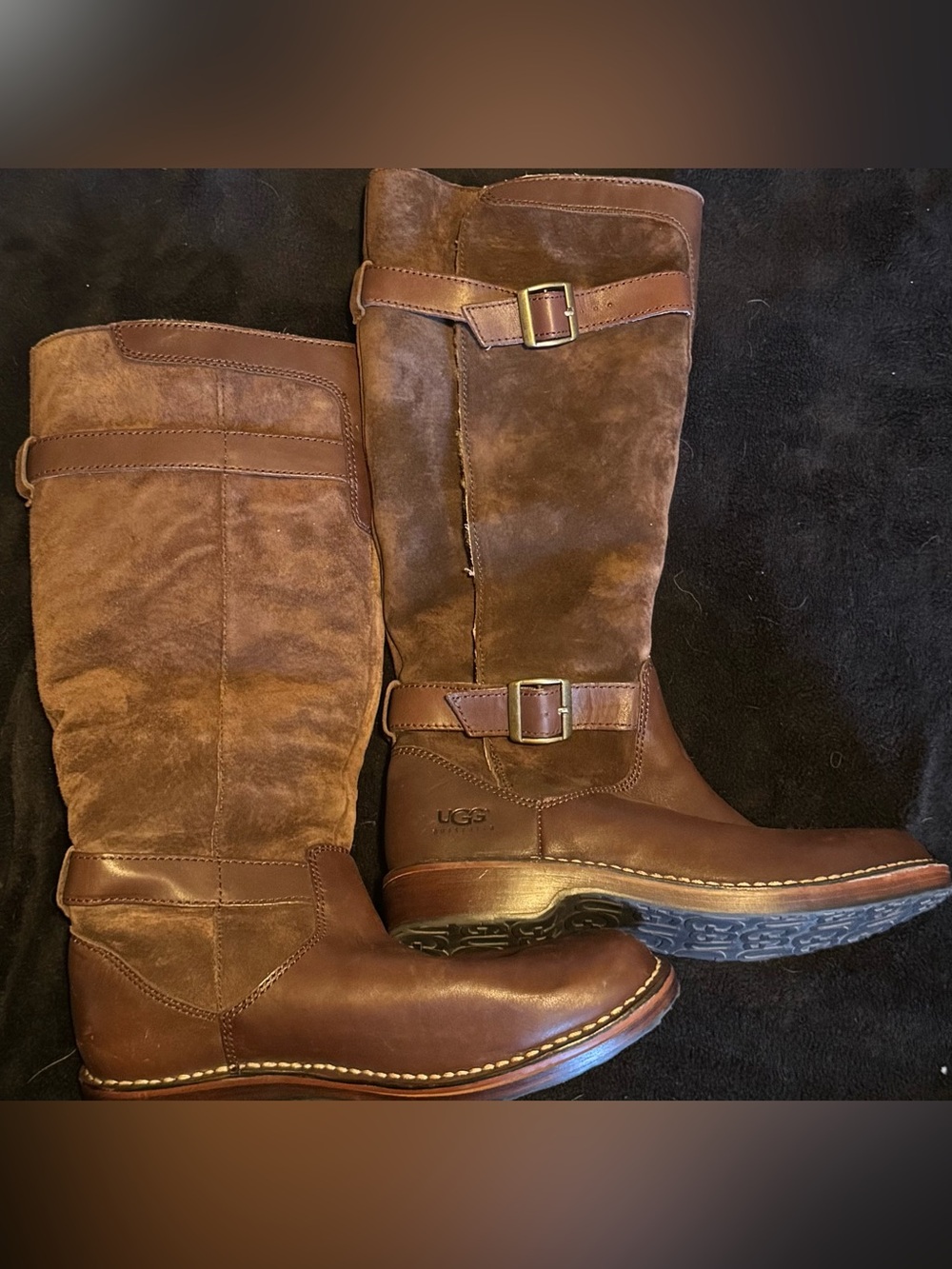 UGG Brown Leather & Suede Buckle Boots with Sherpa Lining